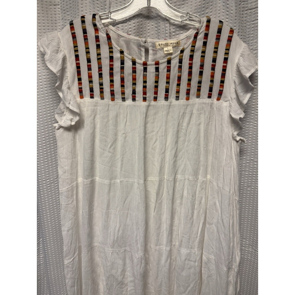 Studio West Women's White Tiered Ruffle Cap Sleeve Rayon SZ L Dress Embroidered - Picture 4 of 15